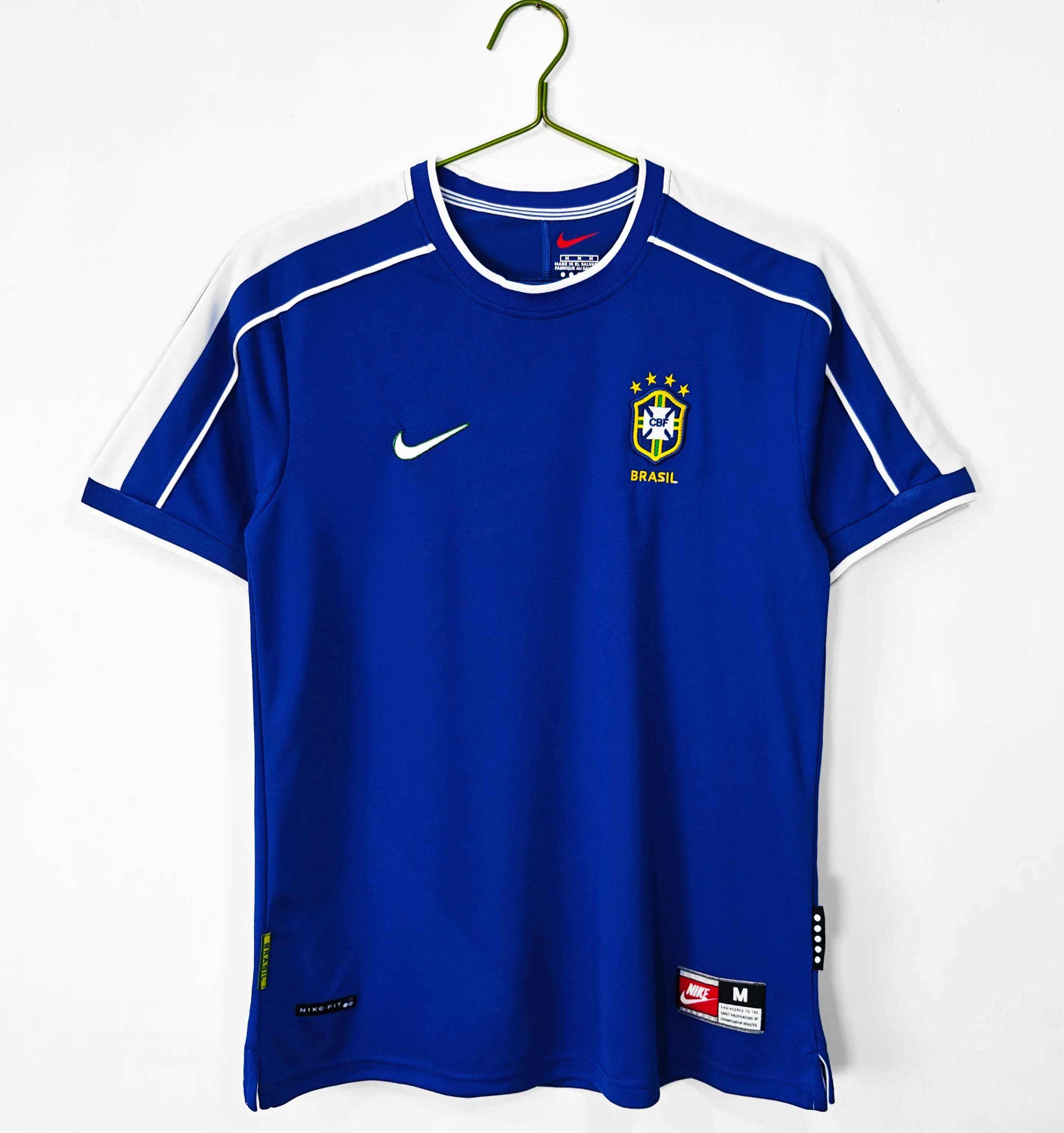 Maillot Brésil 1998 Bleu Manches Courtes - Édition Vintage Officielle - JERSEY 